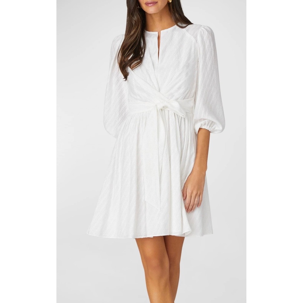 Shoshanna Maia White Jacquard Balloon Sleeve Tie Front Mini Dress 6 Bridal LWD